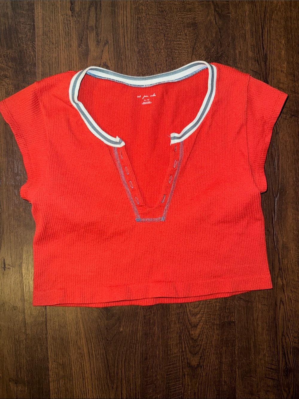 Urban Outfitters Red Cropped Knit Top with Contrast Trim
